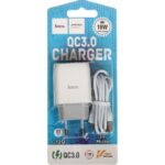 Блок питания сетевой 1 USB HOCO, C72Q, Glorious, 3A, пластик,QC3.0, кабель микро USB, цвет: белый