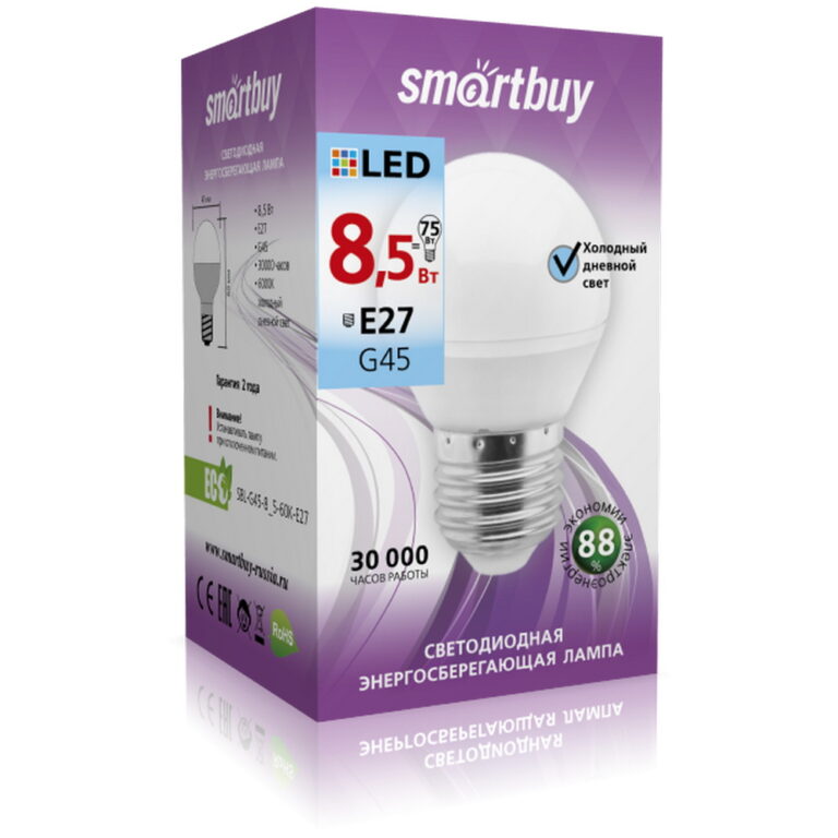 Светодиодная (LED) Лампа Smartbuy-G45-8,5W/6000/E27 (SBL-G45-8_5-60K-E27)