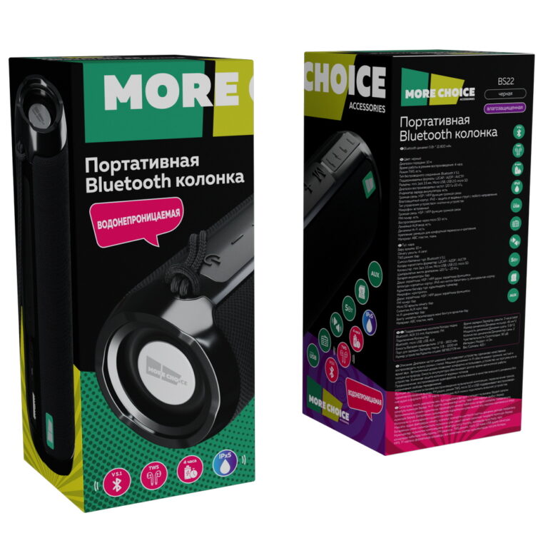 Колонка Bluetooth 5.1 2*5W 1800mAh More Choice BS22 (Black)