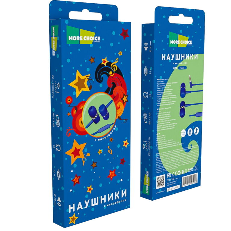 Наушники вакуумные AUX разъём с МК без рег.громкости длина 1.1м More choice G24 (Blue)