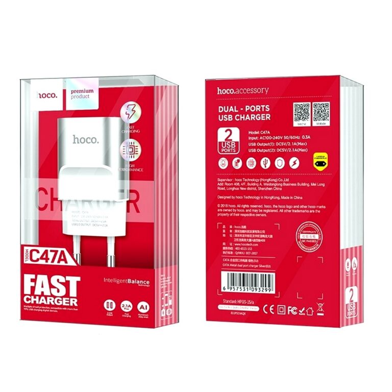 Сетевое З/У HOCO C47A 2USB 2.4A, Серебро
