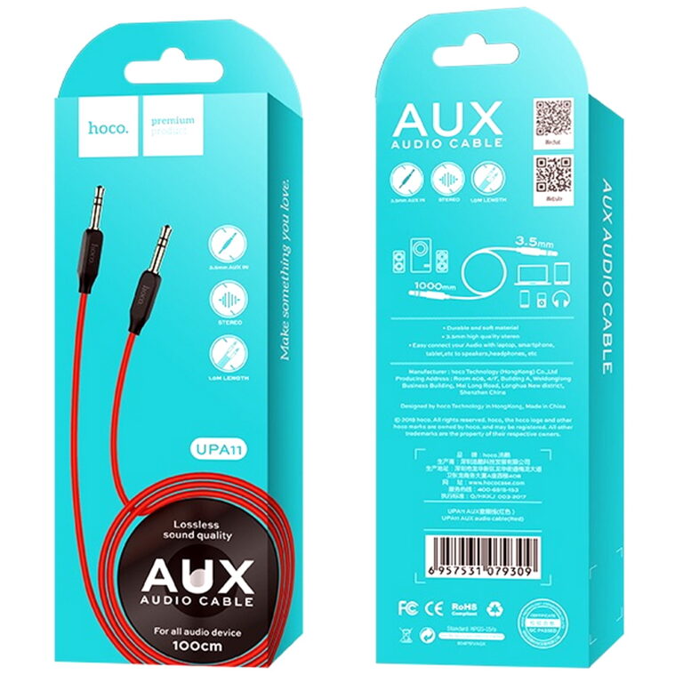 Кабель AUX, Jack 3,5mm(m) - Jack 3,5mm(m) HOCO UPA11, 1.0м, круглый, силикон, цвет: красный (1/30/30