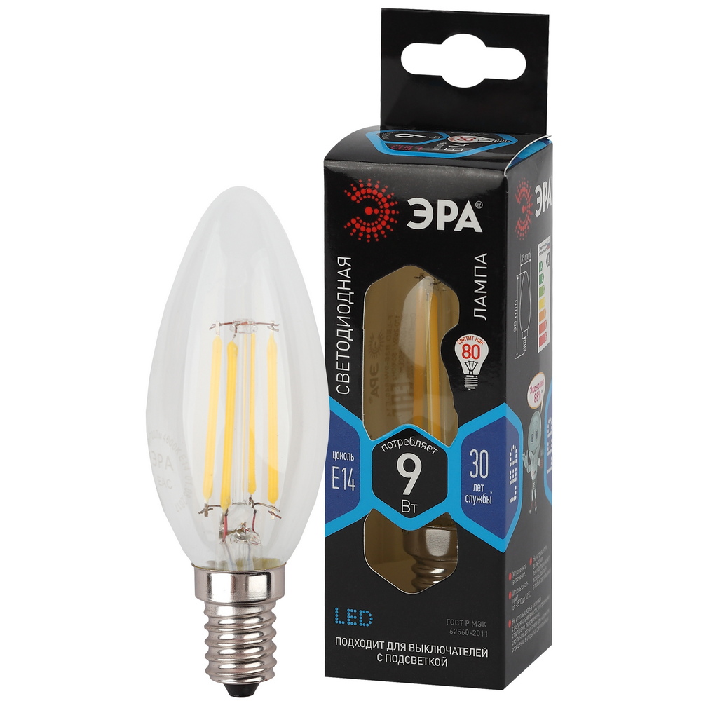 Лампочка светодиодная ЭРА F-LED B35-9w-840-E14 Е14 / Е14 9Вт филамент свеча нейтральный белый свет Лампочка светодиодная ЭРА F-LED B35-9w-840-E14 Е14 / Е14 9Вт филамент свеча нейтральный белый свет