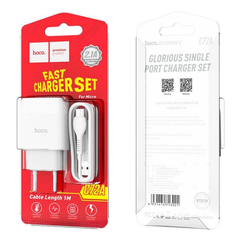 Блок питания сетевой 1 USB HOCO, C72A, Glorious, 2100mA, пластик, кабель Type-C, цвет: белый (1/30/180)