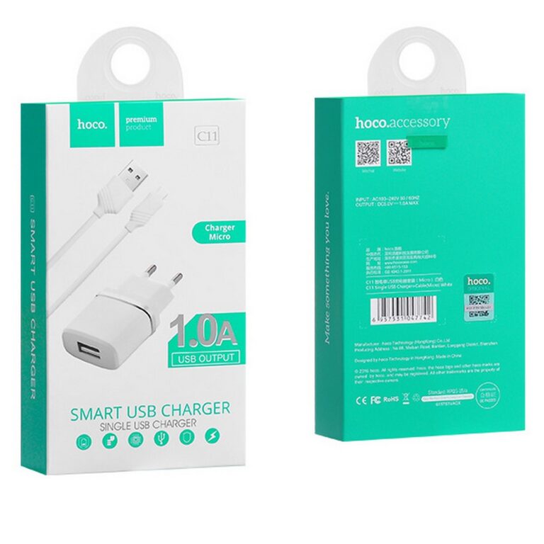 Блок питания сетевой 1 USB HOCO, C11, 1000mA, пластик, кабель микро USB, цвет: белый (1/10/100)