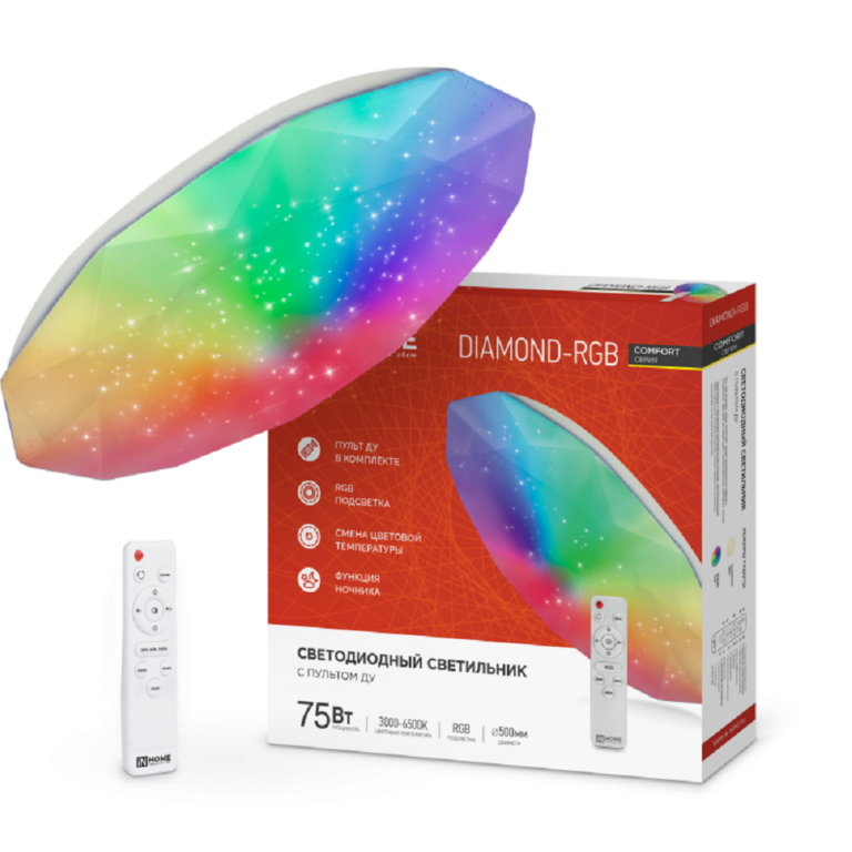 Светильник светодиодный COMFORT DIAMOND-RGB 75Вт 230В 3000-6500K 6000Лм 500x90мм с пультом дистанционного управления IN HOME