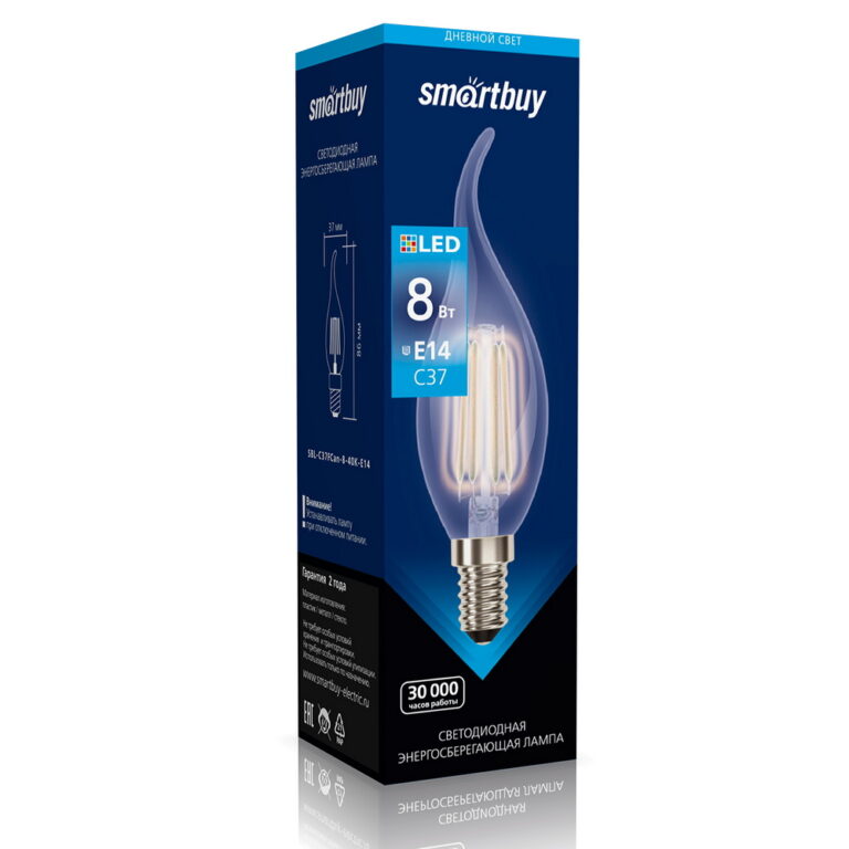 Светодиодная (LED)FIL Свеча на ветру Лампа Smartbuy-C37-8W/4000/E14 (SBL-C37FCan-8-40K-E14)