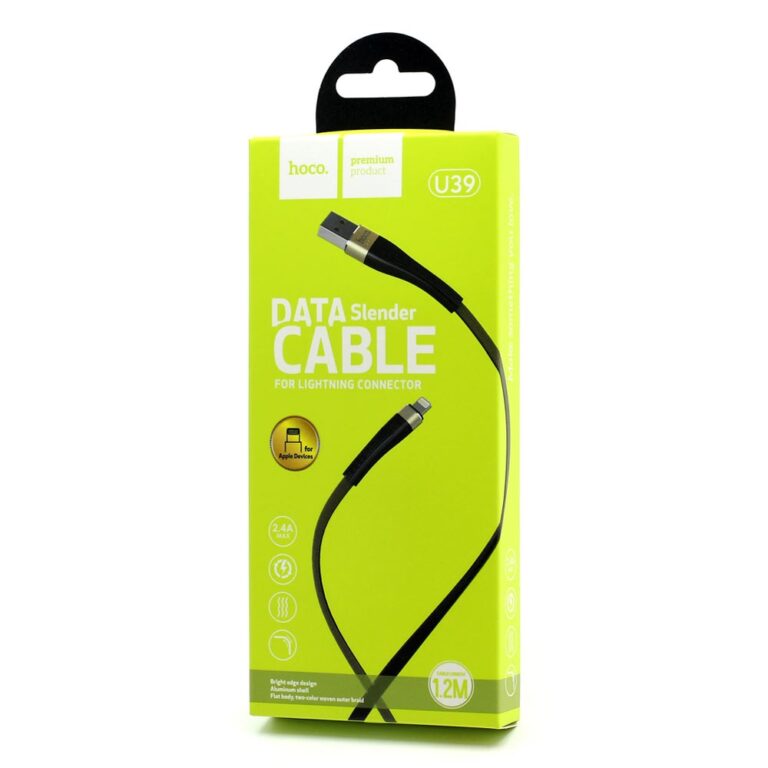 Кабель USB - Apple 8 pin HOCO U39 Slender, 1.2м, плоский, 2.4A, ткань, цвет: чёрный, золотая вставка