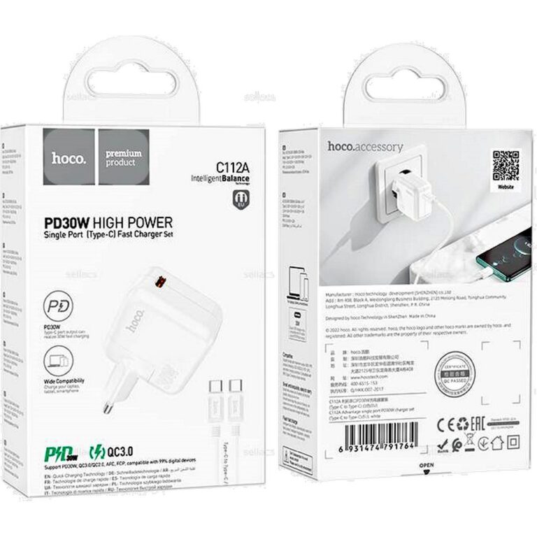 СЗУ 1Type-C 3.0A QC3.0 PD 30W быстрая зарядка Hoco C112A (White)