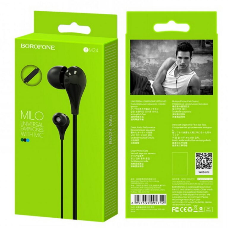 Наушники внутриканальные Borofone BM24, Milo, микрофон, кабель 1.2м, цвет: чёрный