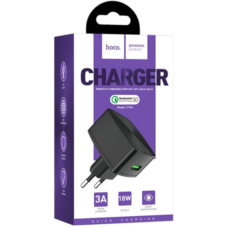 Блок питания сетевой 1USB HOCO, C70A, Cutting-edge 3000mA, пластик,QC3.0,черный (1/75)