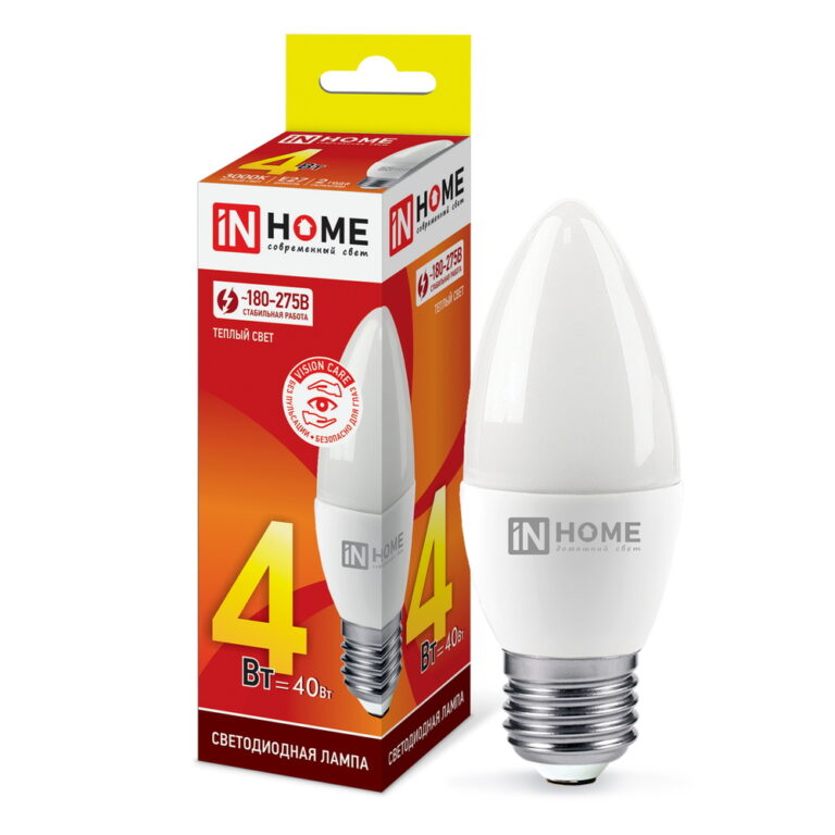 Лампа светодиодная LED-СВЕЧА-VC 4Вт 230В Е27 3000К 360Лм IN HOME