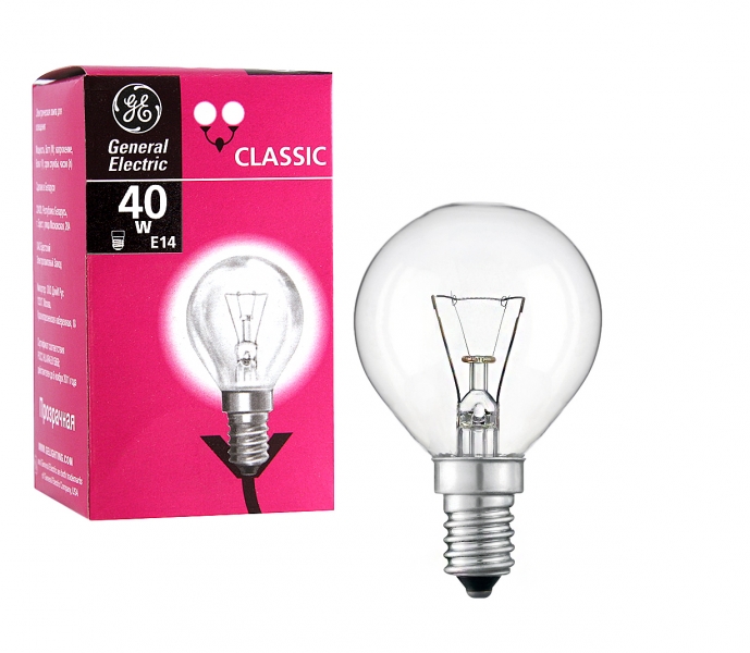 Лампа накаливания 96931 General Electric Брест Р45 шарик 40W 230V E14 CL, ОТ&40C1/CL/E14 230V GE1/1
