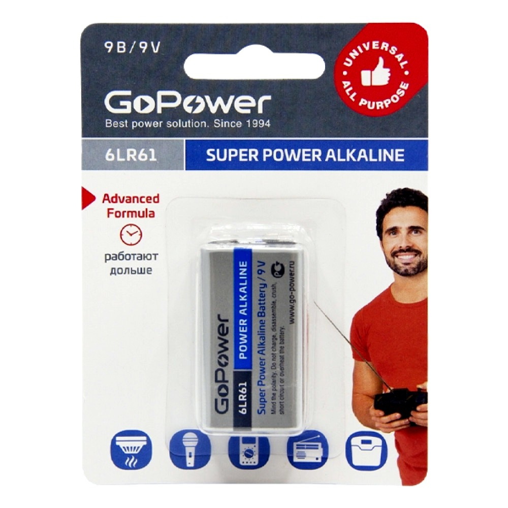 Батарейка GoPower Крона 6LR61 BL1 Alkaline 9V (1/10/240) Батарейка GoPower Крона 6LR61 BL1 Alkaline 9V (1/10/240)