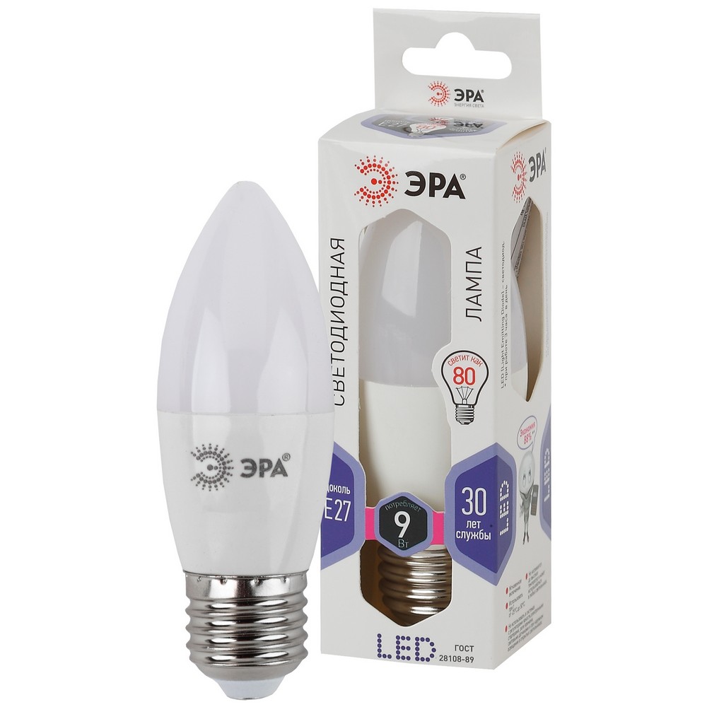 Лампочка светодиодная ЭРА STD LED B35-9W-860-E27 E27 / Е27 9Вт свеча холодный дневной свeт Лампочка светодиодная ЭРА STD LED B35-9W-860-E27 E27 / Е27 9Вт свеча холодный дневной свeт