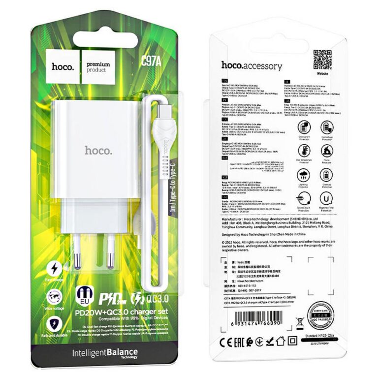 Сетевое З/У HOCO C97A 1USB/Type-C 20W QC3.0 с кабелем Type-C-Lightning белый (1/28/168)