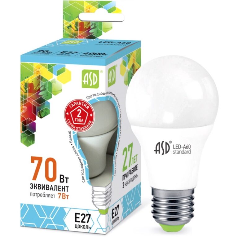 Лампа светодиодная LED-A60-standard 7Вт 230В Е27 4000К 630Лм ASD