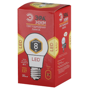 Лампы СВЕТОДИОДНЫЕ ЭКО ECO LED A55-8W-827-E27  ЭРА (диод, груша, 8Вт, тепл, E27)