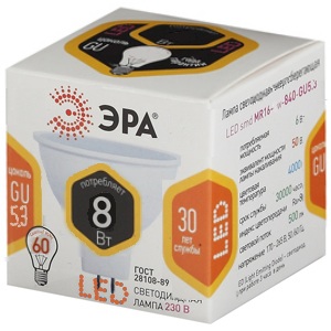 Лампочка светодиодная ЭРА STD LED MR16-8W-827-GU5.3 GU 5.3 8 Вт софит теплый белый свет