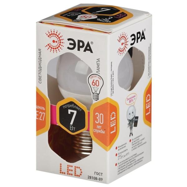 Лампочка светодиодная ЭРА STD LED P45-7W-827-E27 E27 / Е27 7Вт шар теплый белый свет