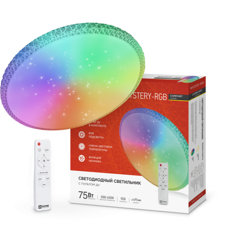 Светильник светодиодный COMFORT MYSTERY-RGB 75Вт 230В 3000-6500K 6000Лм 495x85мм с пультом дистанционного управления IN HOME