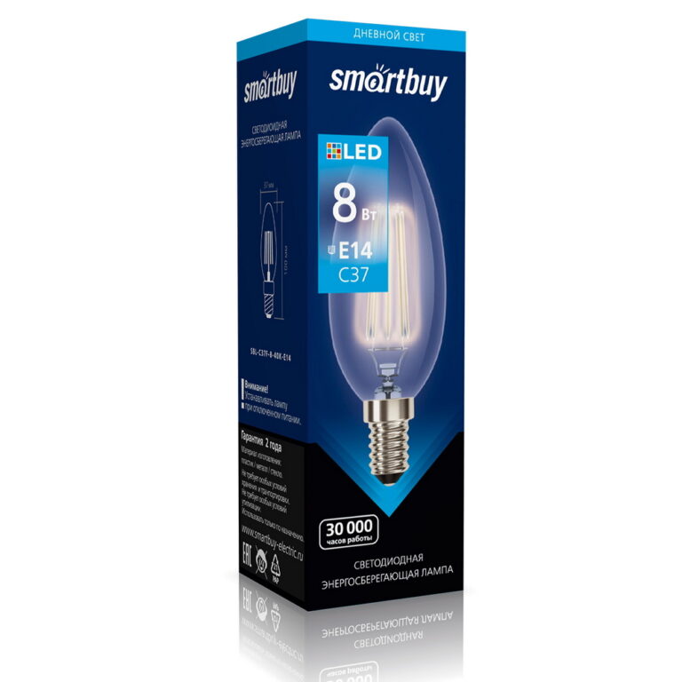 Светодиодная (LED)FIL Лампа Smartbuy-C37-8W/4000/E14 (SBL-C37F-8-40K-E14)