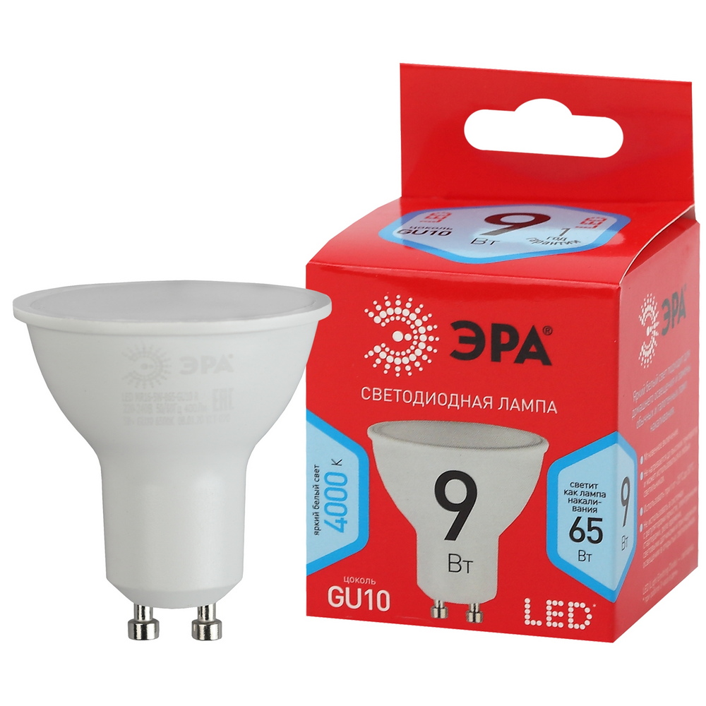 Лампочка светодиодная ЭРА RED LINE LED MR16-9W-840-GU10 R GU10 9 Вт софит нейтральный белый свет Лампочка светодиодная ЭРА RED LINE LED MR16-9W-840-GU10 R GU10 9 Вт софит нейтральный белый свет