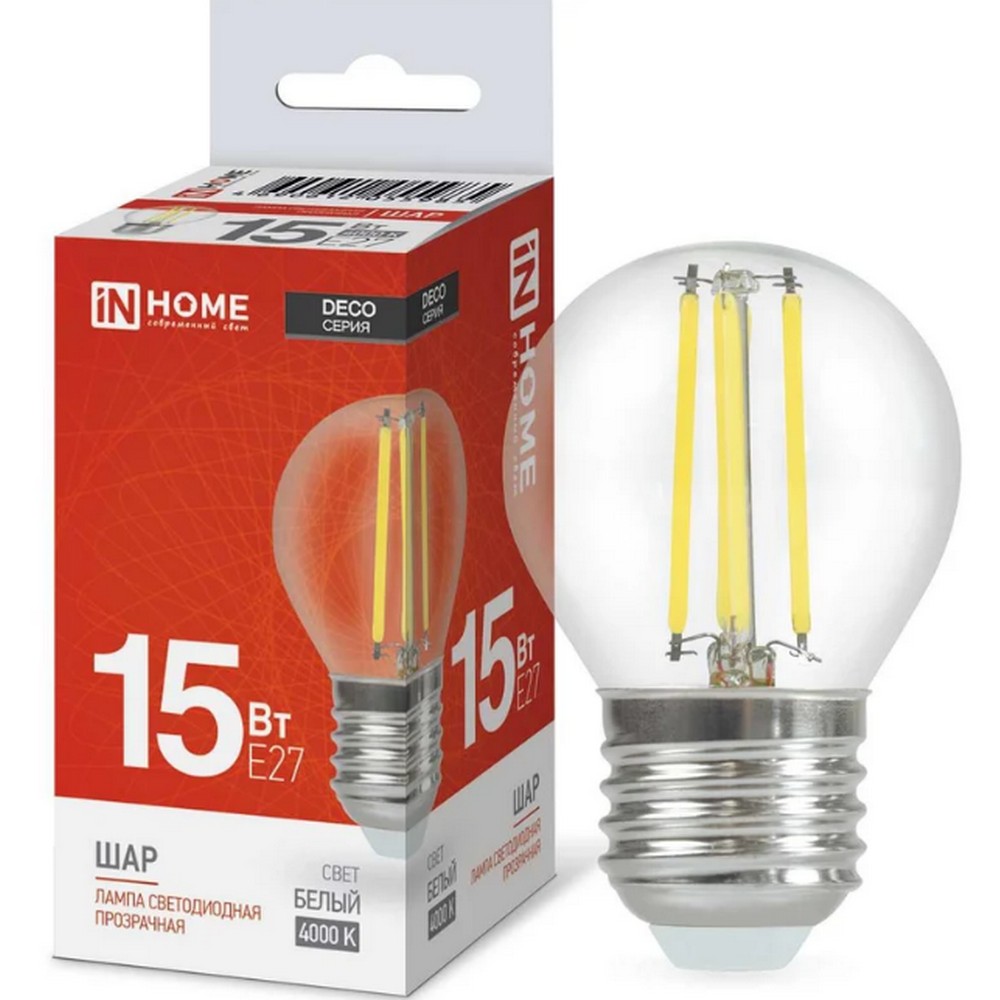 Лампа светодиодная LED-ШАР-deco 15Вт 230В Е27 4000К 1435Лм прозрачная IN HOME Лампа светодиодная LED-ШАР-deco 15Вт 230В Е27 4000К 1435Лм прозрачная IN HOME