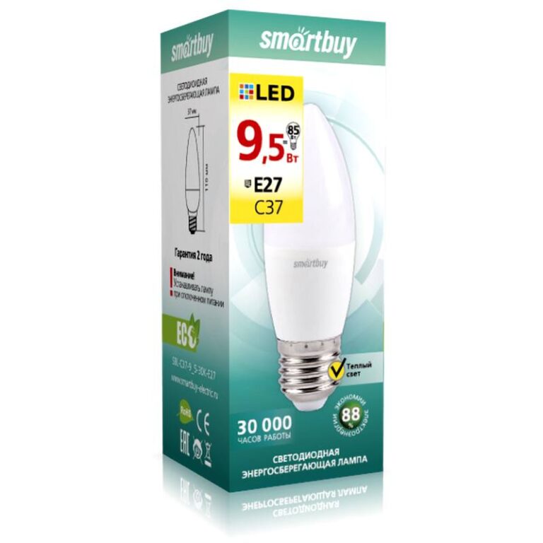 Светодиодная (LED) Лампа Smartbuy-C37-9,5W/3000/E27 (SBL-C37-9_5-30K-E27)