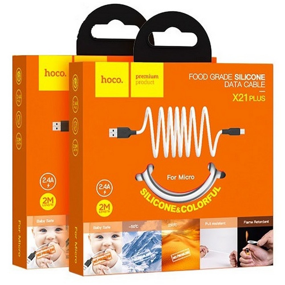 Кабель USB - микро USB HOCO X21 Plus, 2.0м, круглый, 2.4A, силикон, цвет: белый, чёрная вставка Кабель USB - микро USB HOCO X21 Plus, 2.0м, круглый, 2.4A, силикон, цвет: белый, чёрная вставка