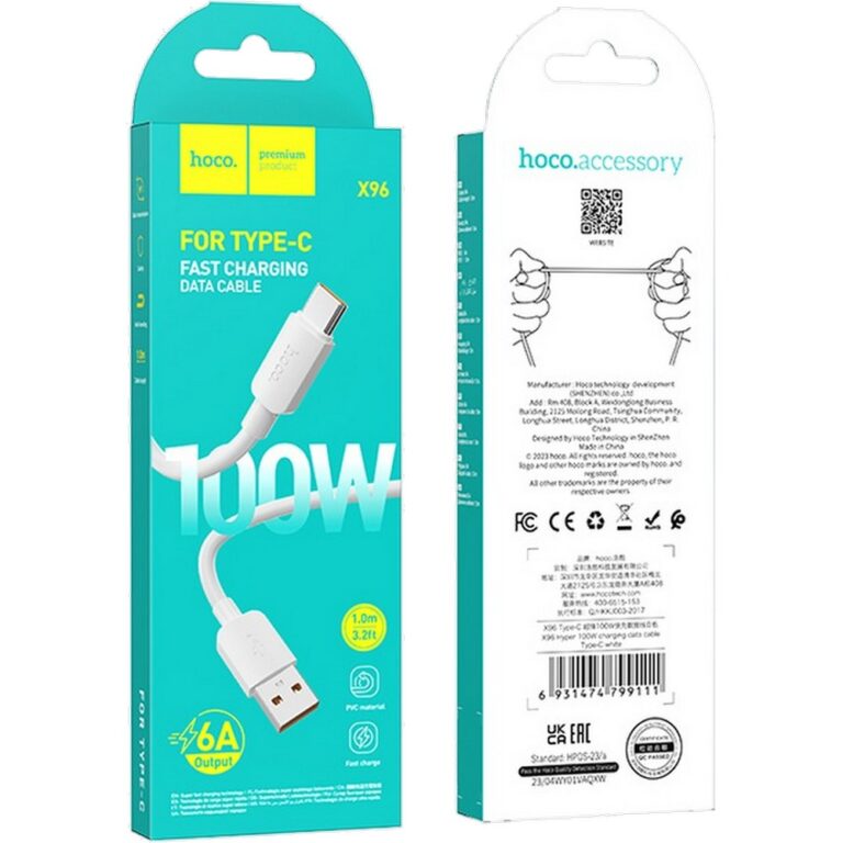 Дата-кабель USB 2.4A PD 20W для Lightning 8-pin Type-C Hoco X96 ПВХ 1м (White)