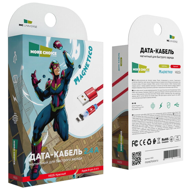 Дата-кабель Smart USB 2.4A для Lightning 8-pin Magnetic More choice K61Si нейлон 1м (Red)