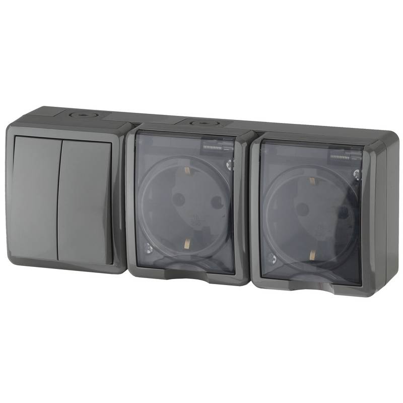 11-7404-03 ЭРА Блок две розетки+выключатель двойной IP54, 16A(10AX)-250В, ОУ, Эра Эксперт, серый (5/ 11-7404-03 ЭРА Блок две розетки+выключатель двойной IP54, 16A(10AX)-250В, ОУ, Эра Эксперт, серый (5/