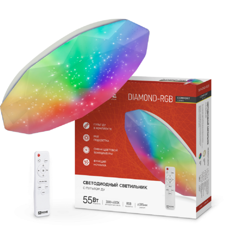 Светильник светодиодный COMFORT DIAMOND-RGB 55Вт 230В 3000-6500K 4400Лм 385x75мм с пультом дистанционного управления IN HOME