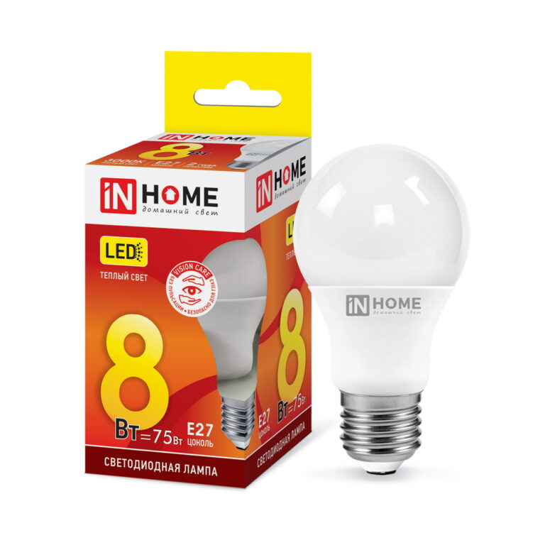 Лампа светодиодная LED-A60-VC 8Вт 230В Е27 3000К 760Лм IN HOME