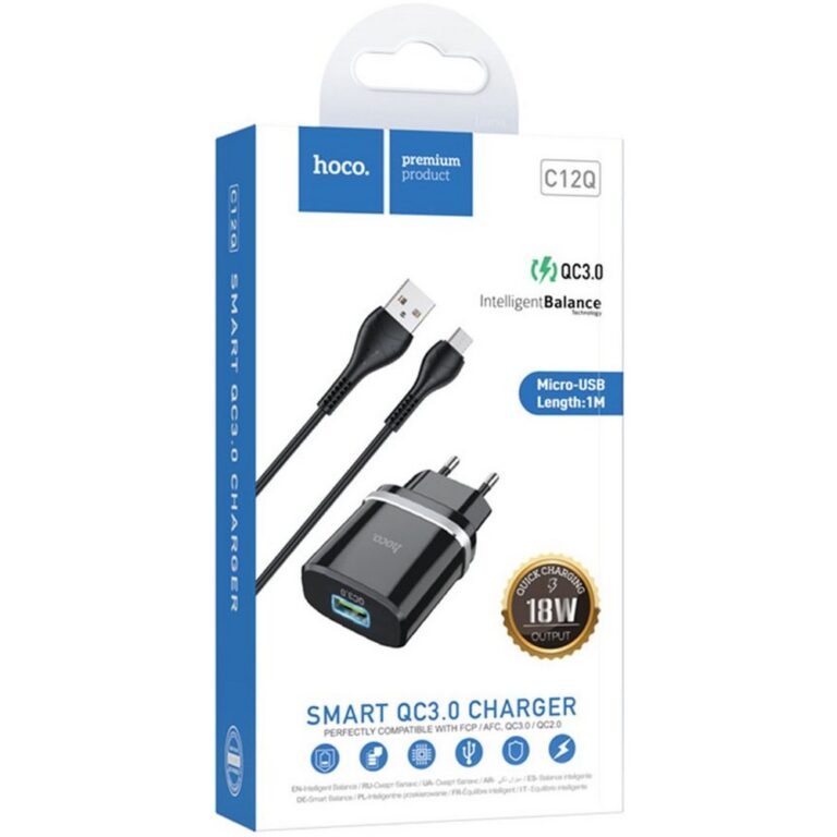 Сетевое З/У HOCO C12Q 1USB 3.0A QC3.0 с кабелем microUSB черный (1/10/100)