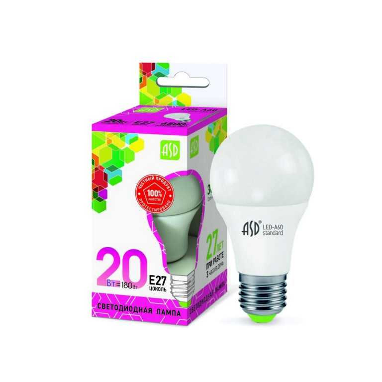 Лампа светодиодная LED-A60-standard 20Вт 230В Е27 6500К 1800Лм ASD