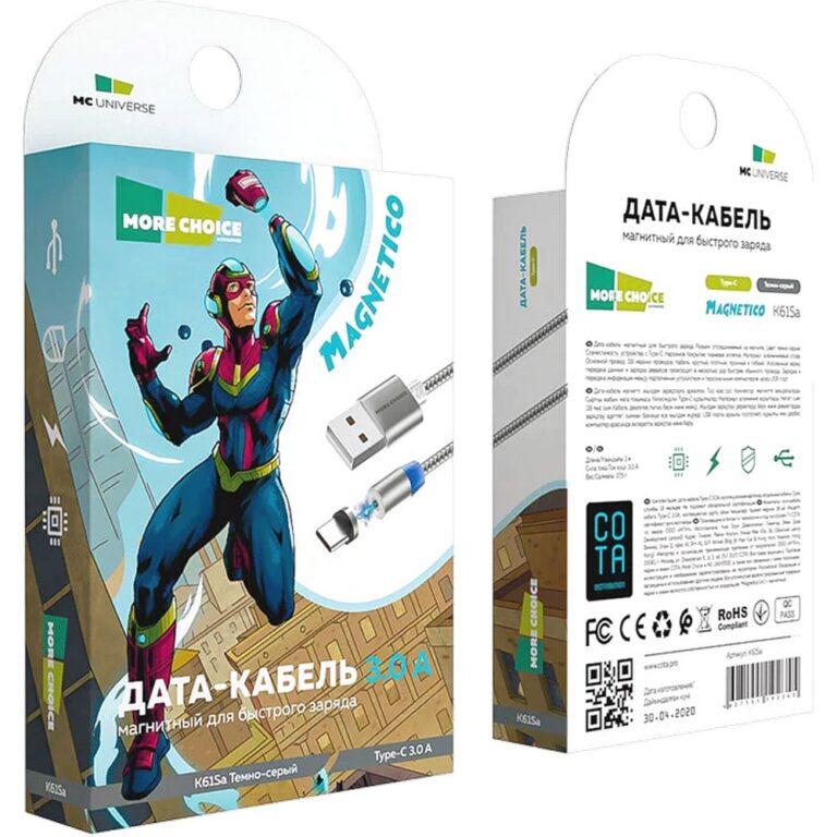 Дата-кабель Smart USB 3.0A для Type-C Magnetic More choice K61Sa нейлон 1м (Dark Grey)