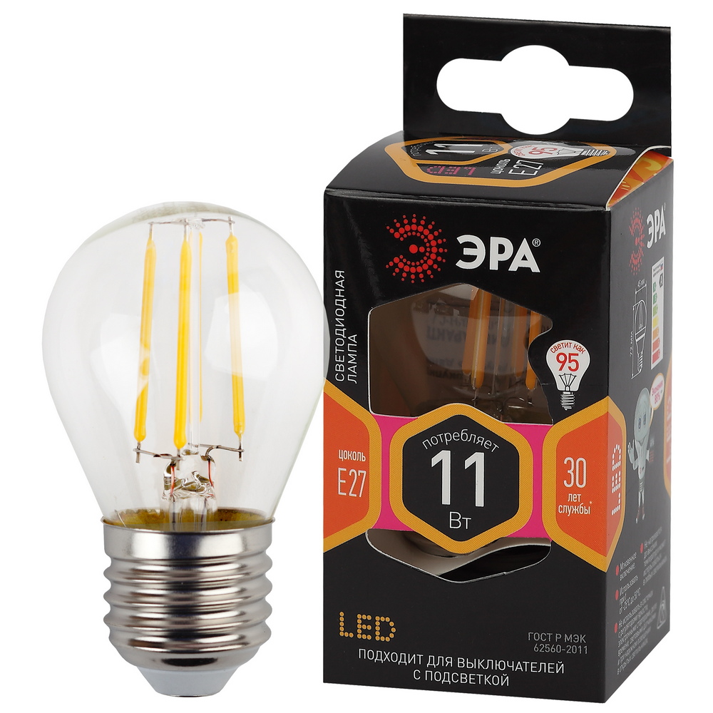 Лампочка светодиодная ЭРА F-LED P45-11W-827-E27 Е27 / Е27 11Вт филамент шар теплый белый свет Лампочка светодиодная ЭРА F-LED P45-11W-827-E27 Е27 / Е27 11Вт филамент шар теплый белый свет