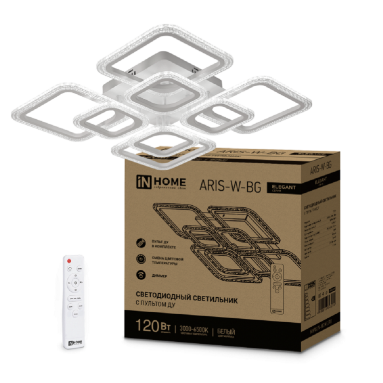 Светильник светодиодный ELEGANT ARIS-W-BG 120Вт 230В 3000-6500K 8400Лм 590х590х115мм ПУ белый IN HOME
