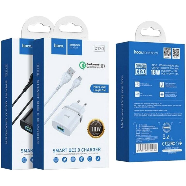 Сетевое З/У HOCO C12Q 1USB 3.0A QC3.0 с кабелем microUSB белый (1/10/100)