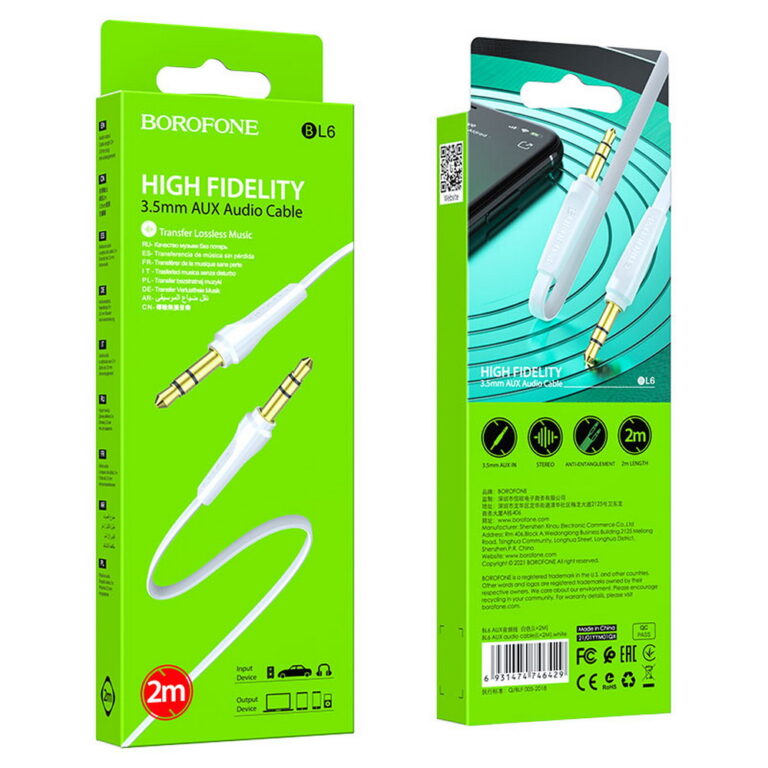 Кабель AUX, Jack 3,5mm(m) - Jack 3,5mm(m) Borofone BL6, 2.0м, круглый, силикон, цвет: белый(1/63/252