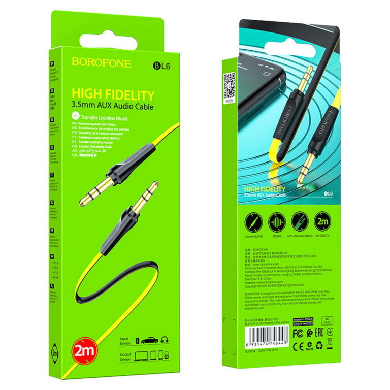 Кабель AUX, Jack 3,5mm(m) - Jack 3,5mm(m) Borofone BL6, 2.0м, круглый, силикон, цвет: жёлтый(1/63/25