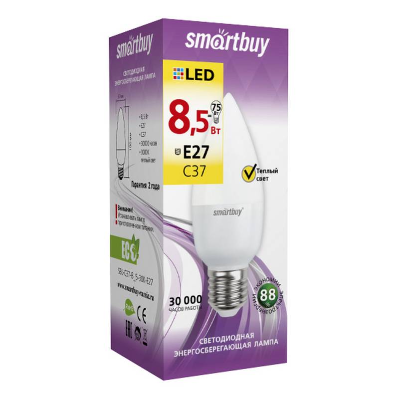 Светодиодная (LED) Лампа Smartbuy-C37-8,5W/3000 (SBL-C37-8_5-30K-E27) Светодиодная (LED) Лампа Smartbuy-C37-8,5W/3000 (SBL-C37-8_5-30K-E27)