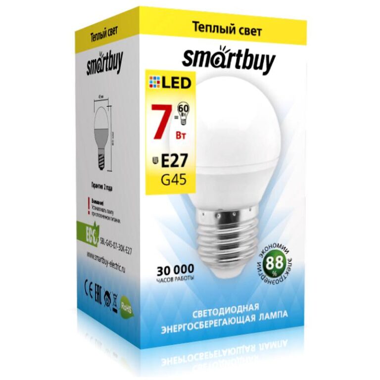 Светодиодная (Диммер) (LED) Лампа Smartbuy-G45D-07W/3000 (SBL-G45D-07-30K-E27)