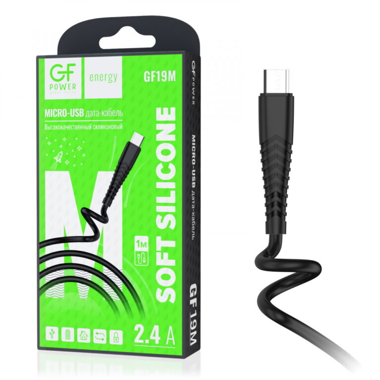 Кабель GFPower 19M USB (m)-microUSB (m) 1.0м 2.4A силикон черный (1/120/480)