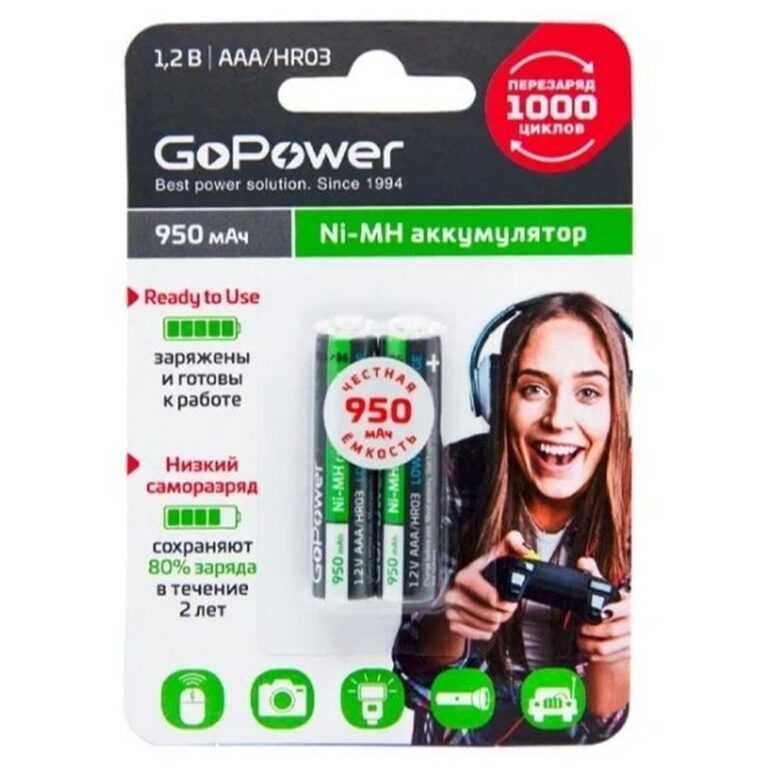 Аккумулятор предзаряженный RTU GoPower HR03 AAA BL2 NI-MH 950mah (2/20/320)