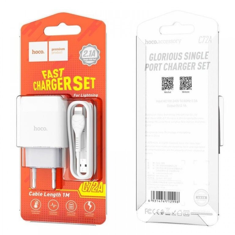 Сетевое З/У HOCO C72A 1USB 2.1A с кабелем Lightning белый (1/30/180)