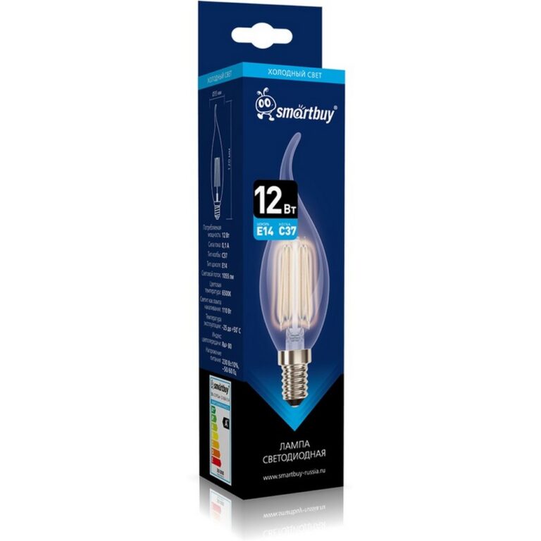 Светодиодная (LED) Свеча на ветру Лампа FIL Smartbuy-C37-12Вт/6500К/E14 (SBL-C37FCan-12-65K-E14)