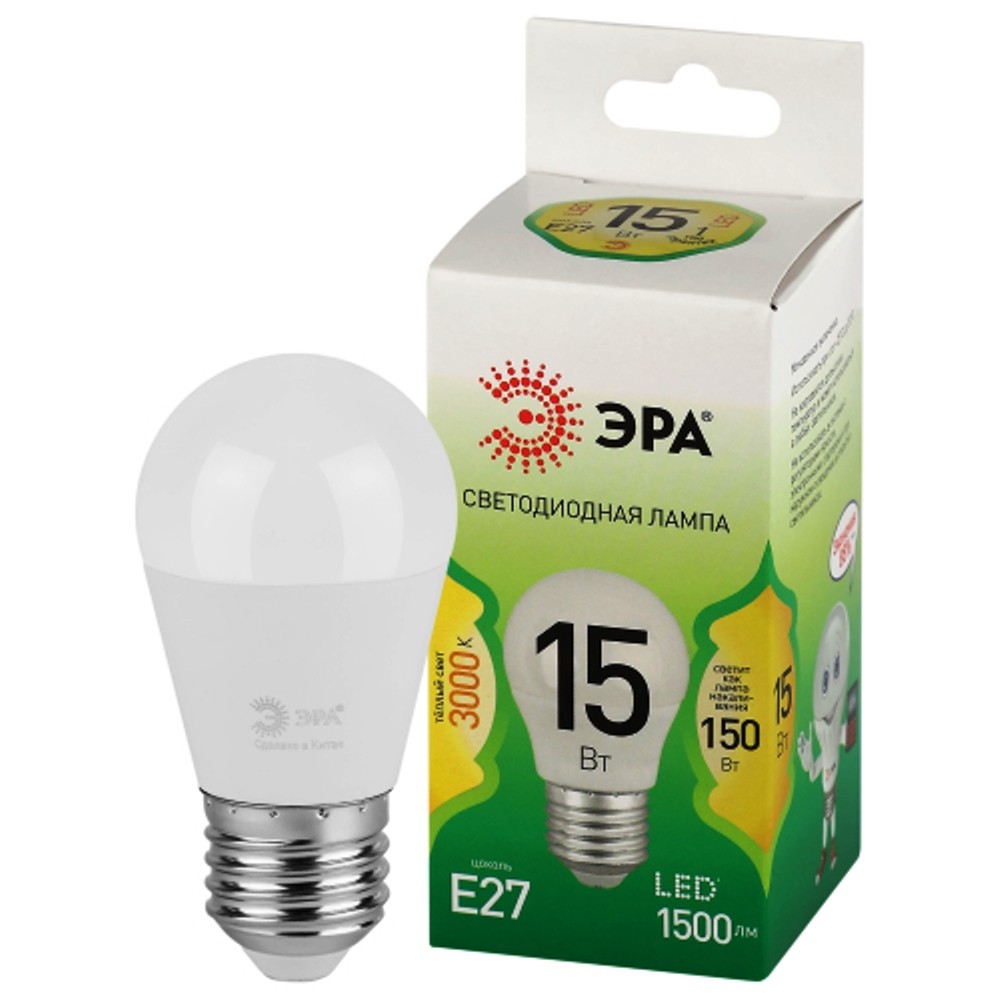 Лампочка светодиодная ЭРА GREEN LINE LED P45-15W-830-E27 GL E27 15 Вт шар теплый свет Лампочка светодиодная ЭРА GREEN LINE LED P45-15W-830-E27 GL E27 15 Вт шар теплый свет